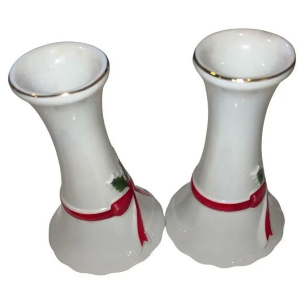 Mount Clemens Vtg Porcelain Christmas Candle Holders Pair‎ Ribbon Holly Japan